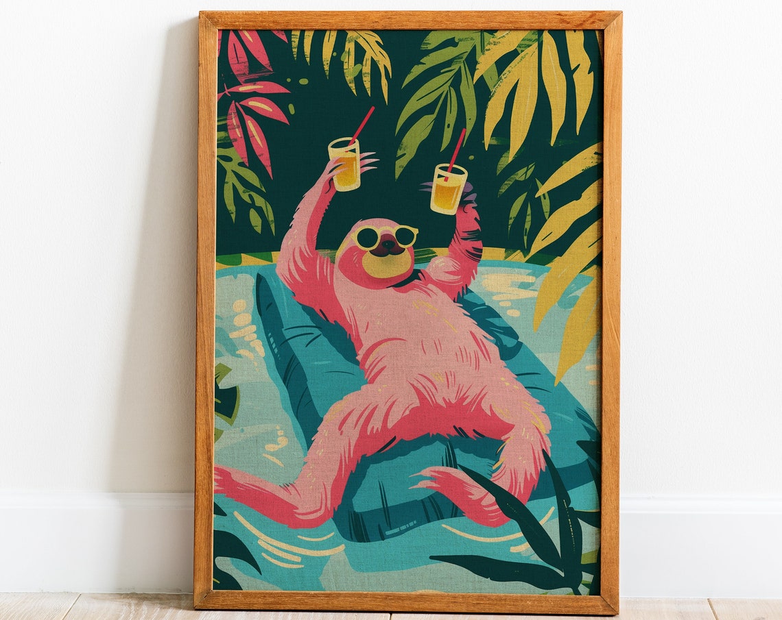Cute Party Sloth Print Wall Art Tropical Vacation Home Decor Retirement Gift For Dad Funny Maximalist Poster