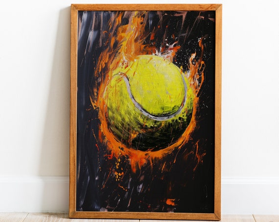 Vibrant Tennis Print Wall Art Burning Tennis Ball Poster Modern Sports Decor Eclectic Painting Tennis Gift