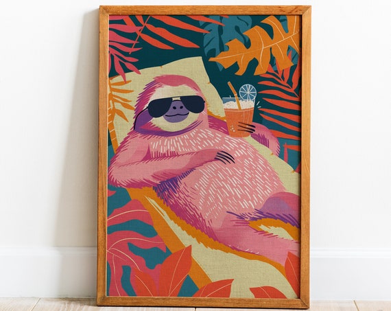 Lazy Sloth Poster Trendy Wall Art Whimsical Furry Art Funny Cocktail Bar Decor Modern Maximalist Art Print