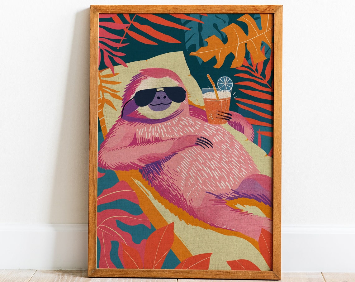 Lazy Sloth Poster Trendy Wall Art Whimsical Furry Art Funny Cocktail Bar Decor Modern Maximalist Art Print