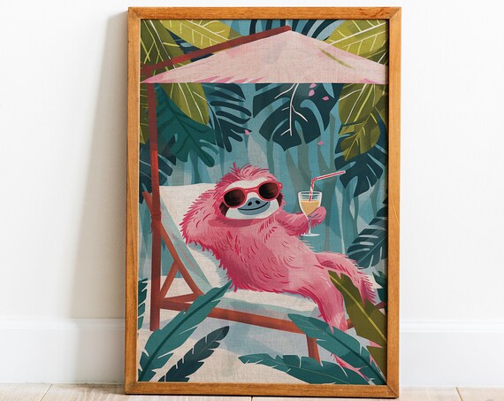 Party Sloth Poster Print Wall Art Cute Vacation Home Decor Tropical Party Room Decor Trendy Pink Painting