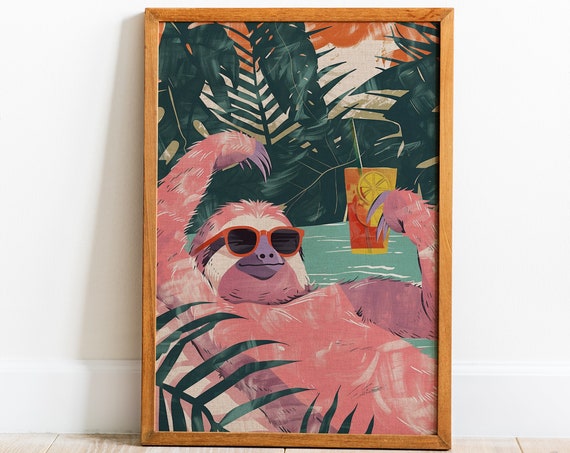 Drunk Sloth Poster Print Wall Art Maximalist Poolside Decor Tropical Vacation Home Decor Cocktail Wall Art