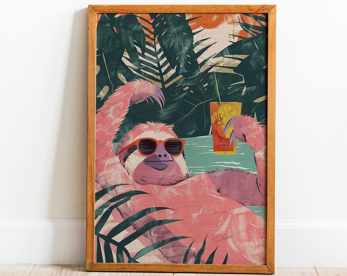 Drunk Sloth Poster Print Wall Art Maximalist Poolside Decor Tropical Vacation Home Decor Cocktail Wall Art