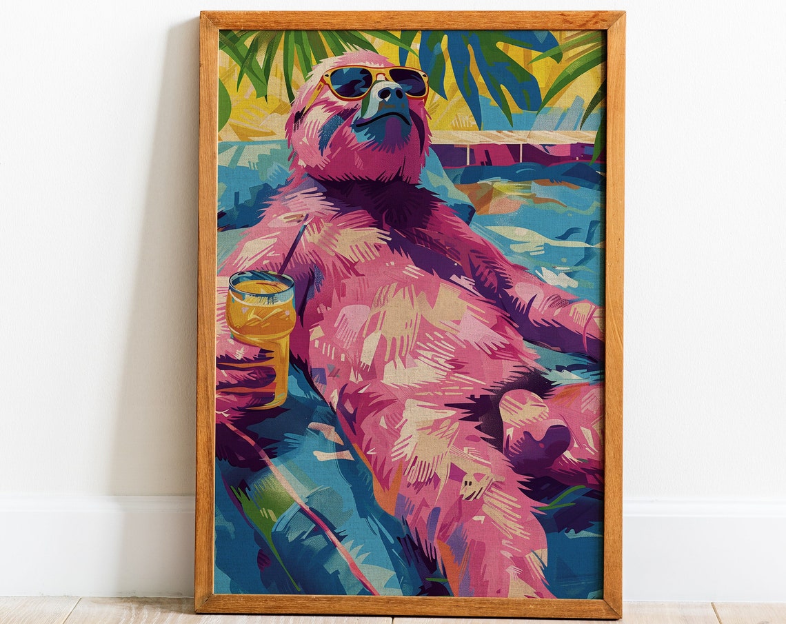 Pink Sloth Pool Party Pop Art Poster Tropical Maximalist Wall Decor