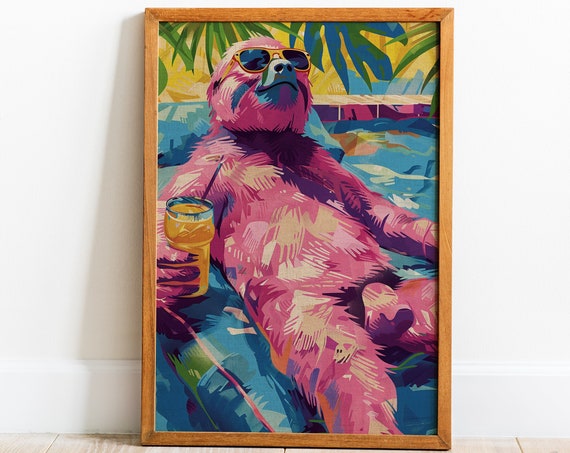 Nudist Sloth Pop Art Poster Wall Art Tropical Maximalist Wall Decor Funny Furry Painting Holiday Themed Print