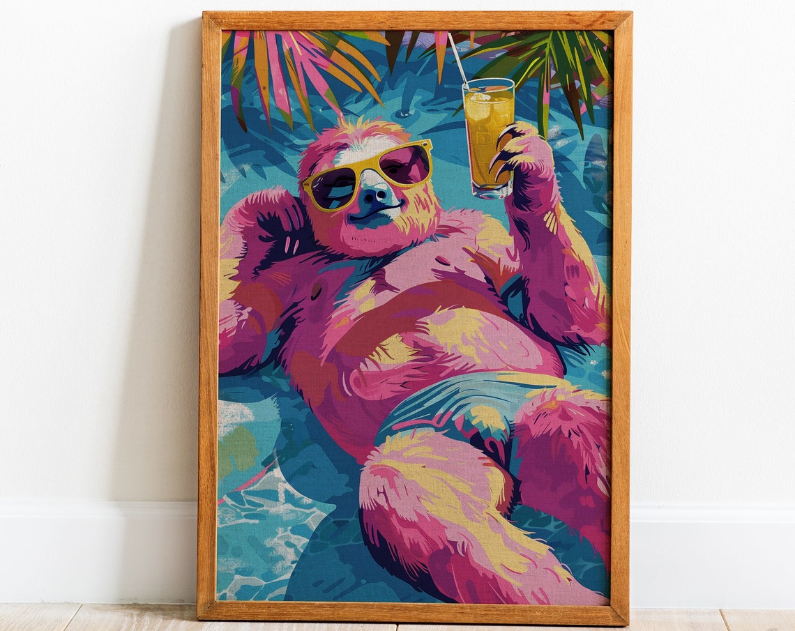 Pink Sloth Sunglasses Relaxing Pool Cocktail Summer Pop Art Poster