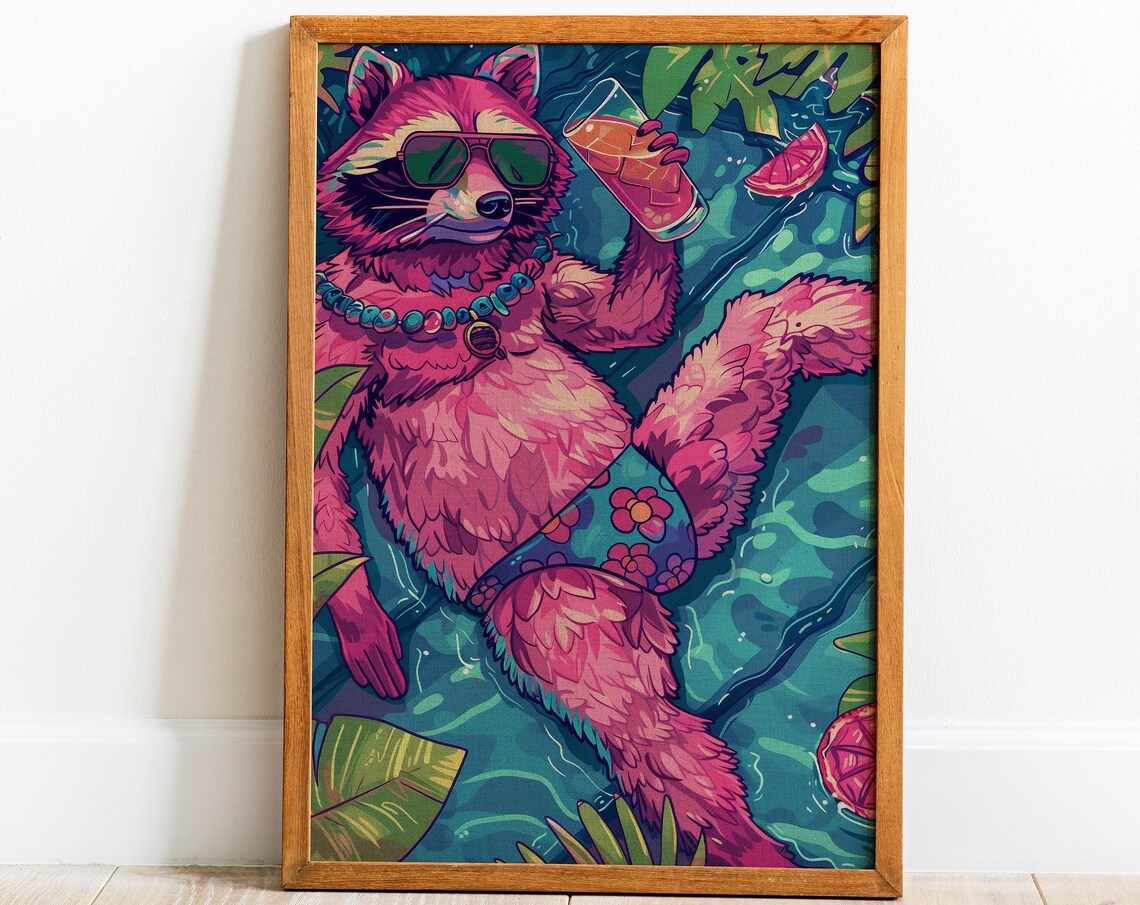 Drunk Racoon Whimsical Vacation Home Art Print