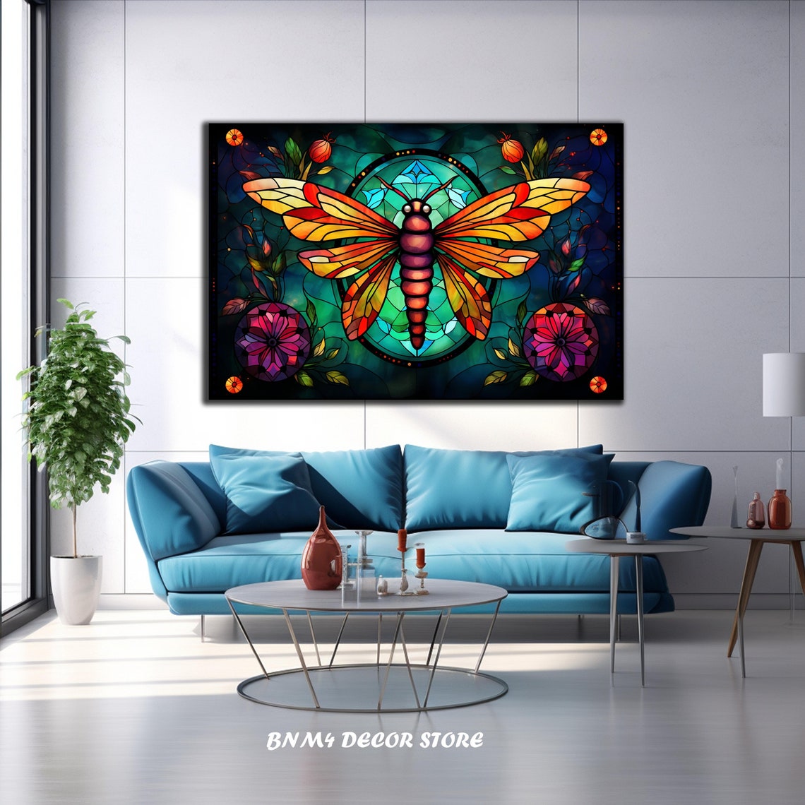 Stained Glass Dragonfly Vivid Orange Red Wings Floral Mosaic Poster
