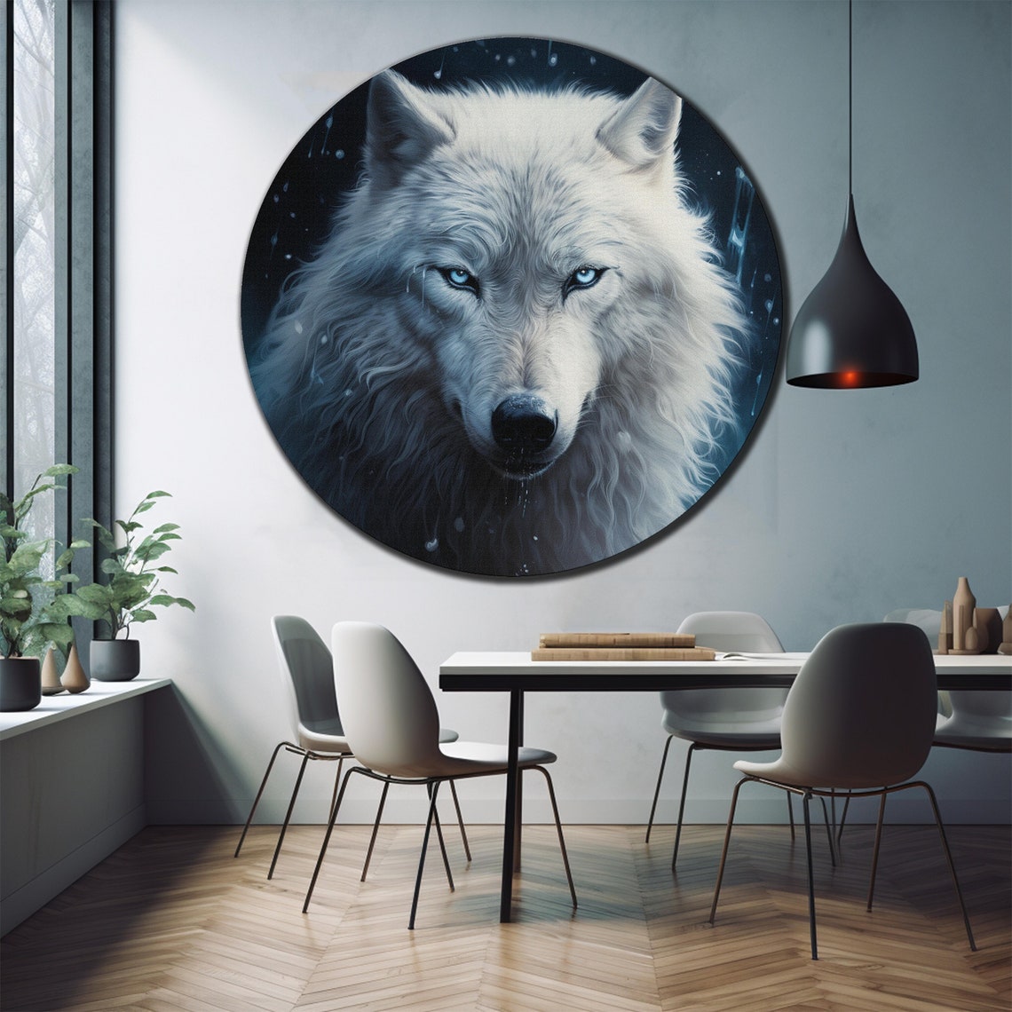 Majestic White Wolf Face Portrait Piercing Blue Eyes Night Wall Poster