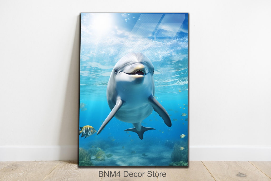Smiling Dolphin Underwater Blue Ocean Tropical Fish Glass Wall Art