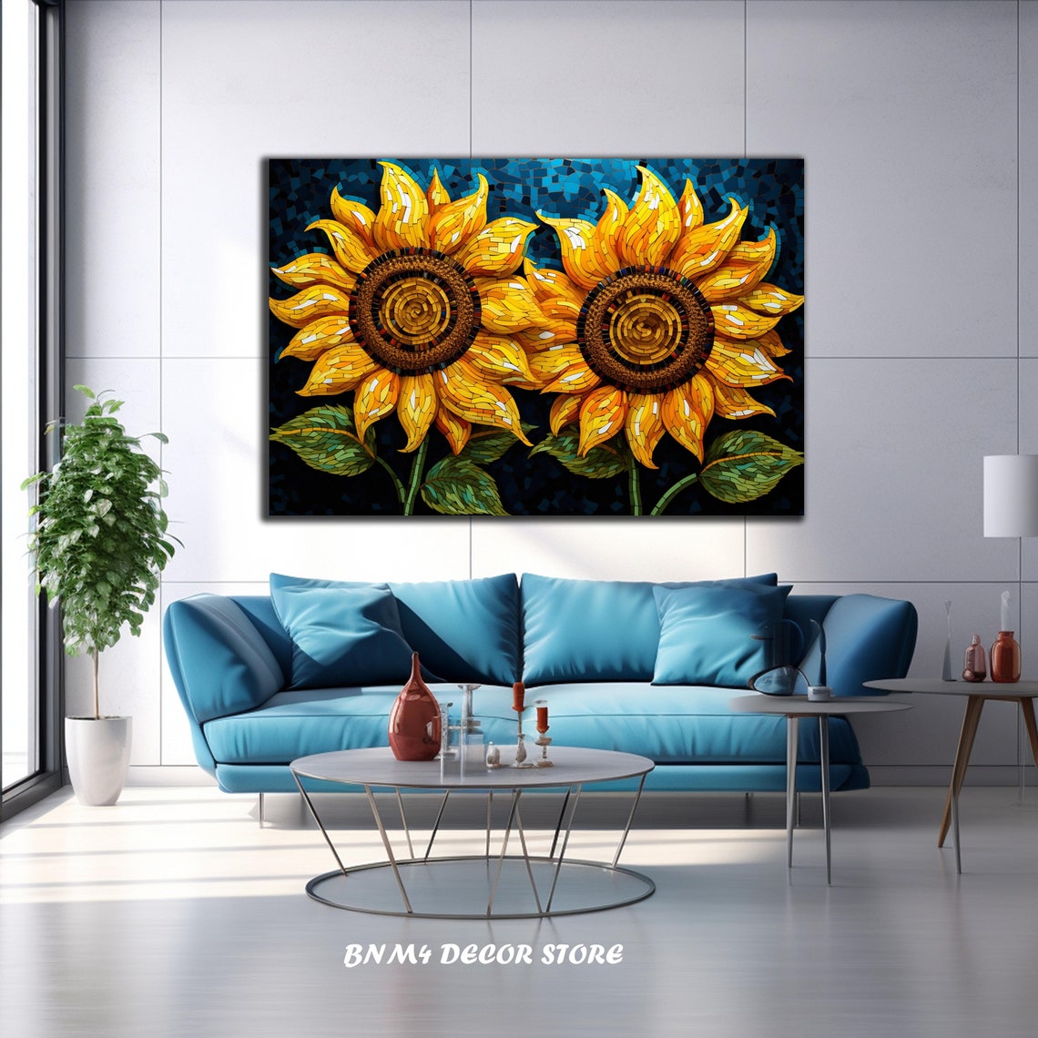 Golden Sunflowers Mosaic Style Bold Yellow Blooms Midnight Blue Poster