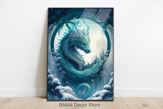 Tempered Glass Wall Art Blue Dragon Glass Blue Dragon Abstract Wall Decor Housewarming Gift Mystic Animal Decor Moon And Dragon