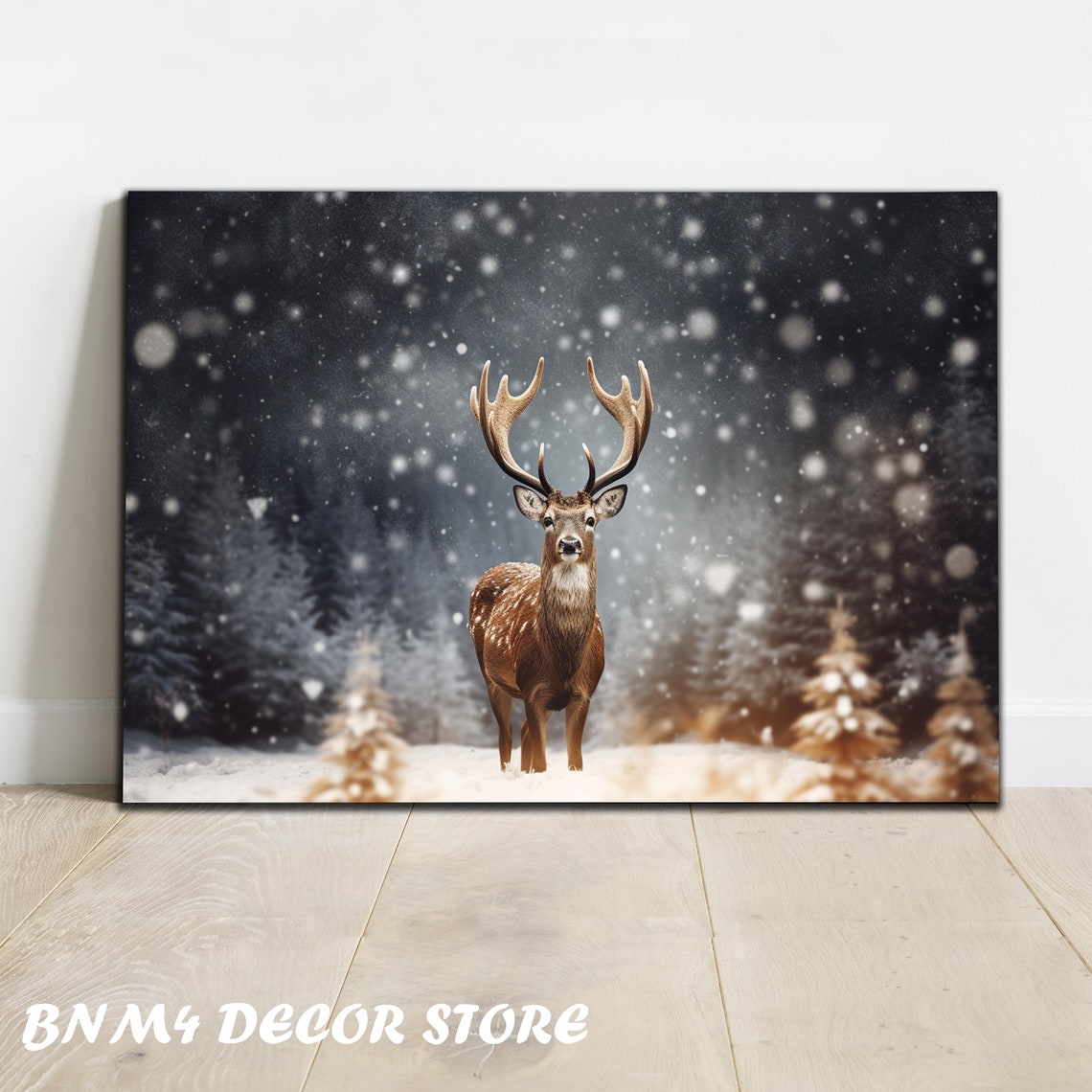Majestic Deer with Antlers in Snowy Forest Night Falling Snow Poster
