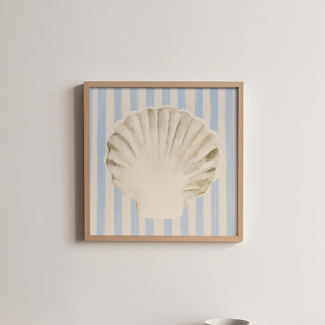 White Scallop Shell Blue Striped Background Coastal Watercolor Poster