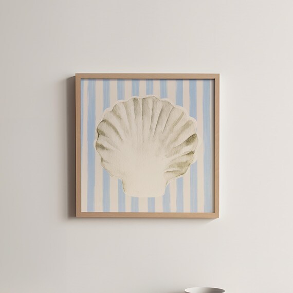 White Scallop Shell Blue Striped Background Coastal Watercolor Poster