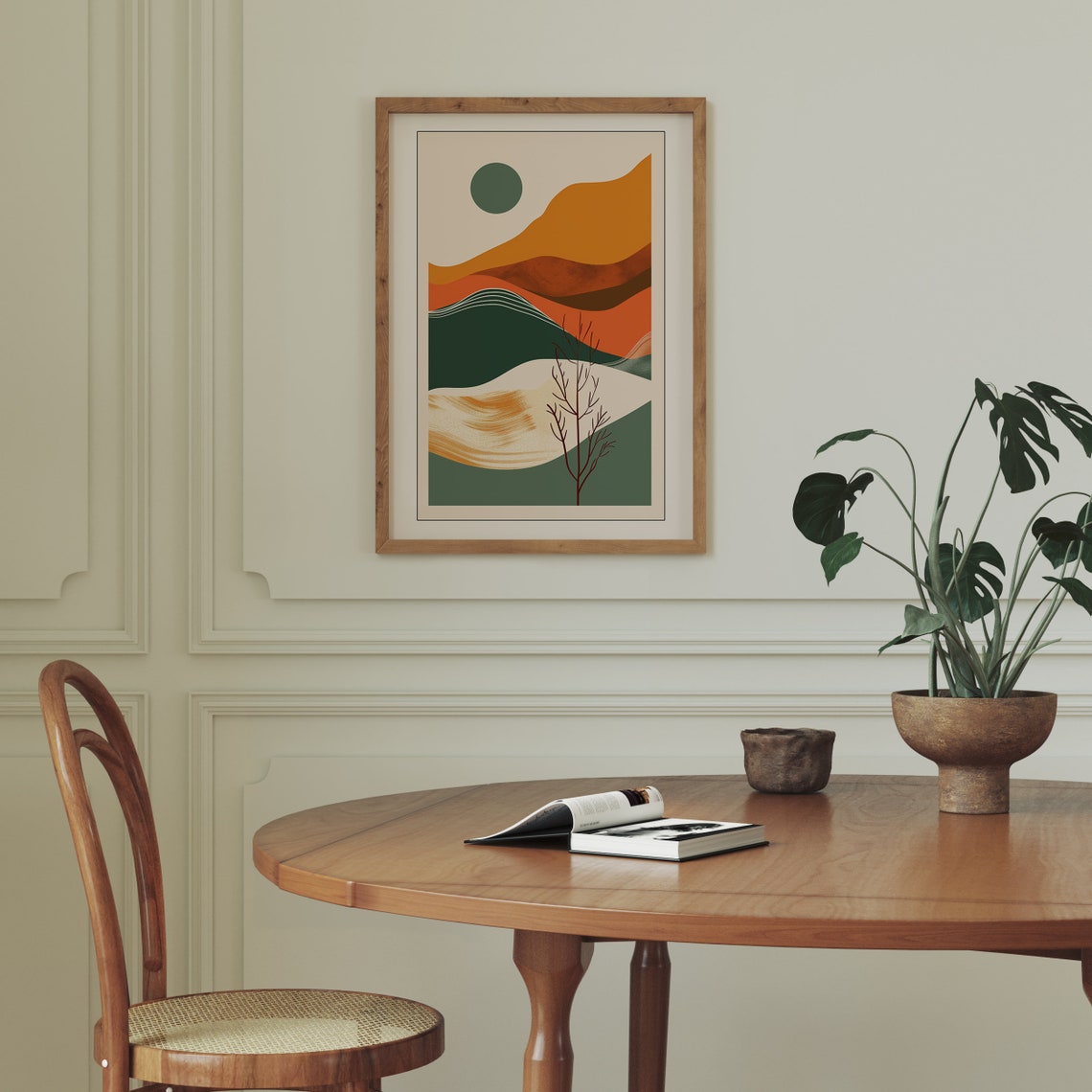 Boho Abstract Mountain Landscape Green Orange Sun Wall Poster - Image 2