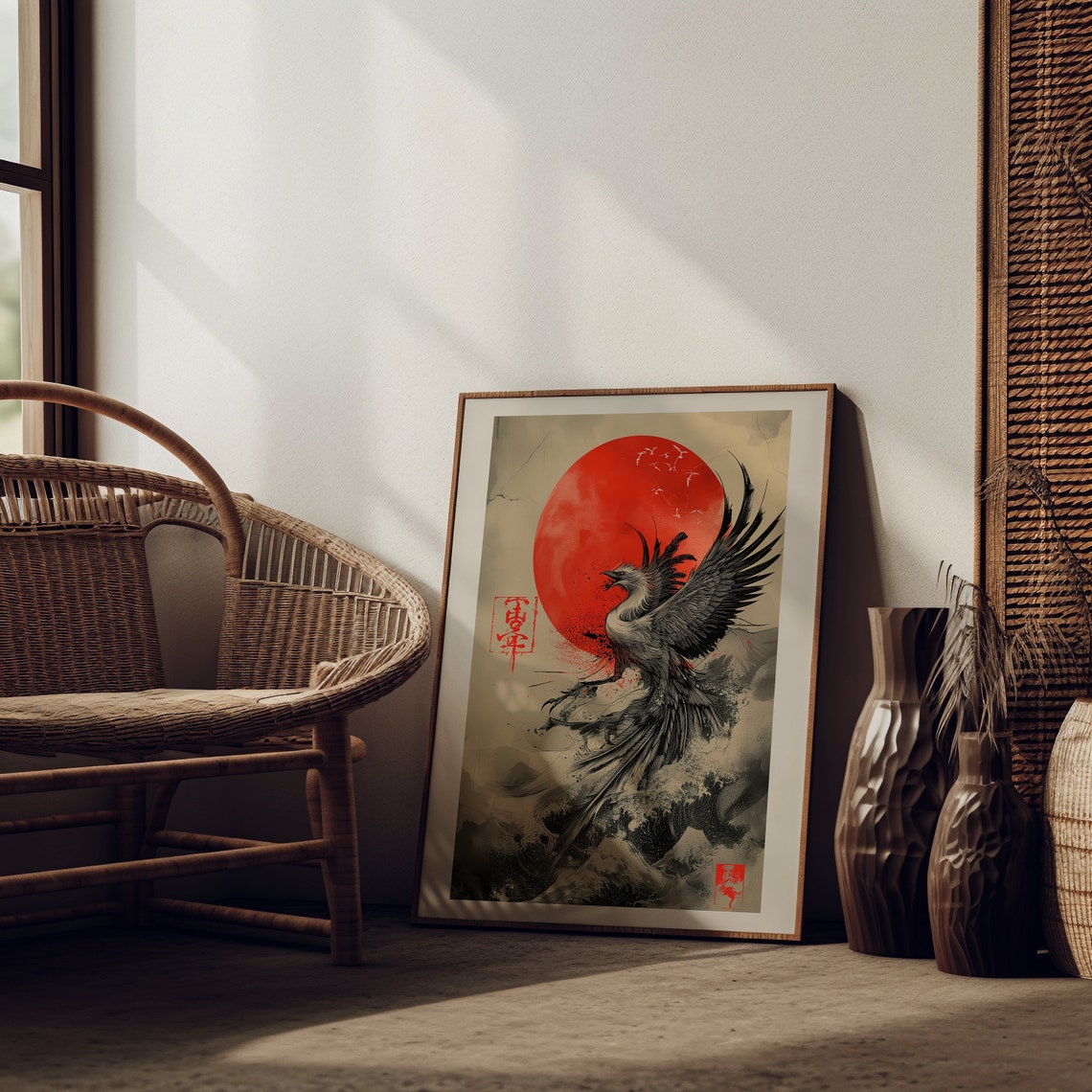 Rising Phoenix Japanese Ink Style Red Sun Mythical Bird Poster - Image 2