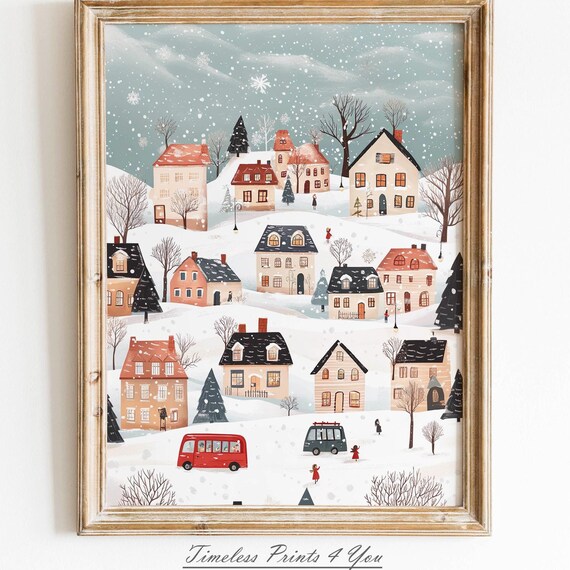 Cozy Snowy Winter Village Christmas Scene Storybook Art Poster