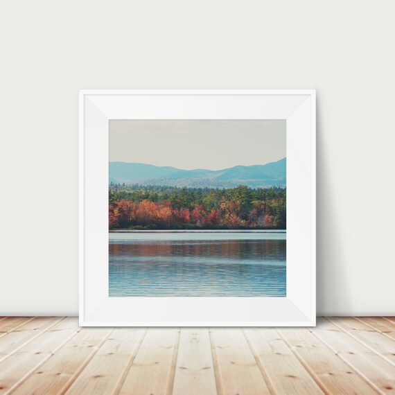Autumn Foliage Reflected in Still Lake Square Nature Photo Poster