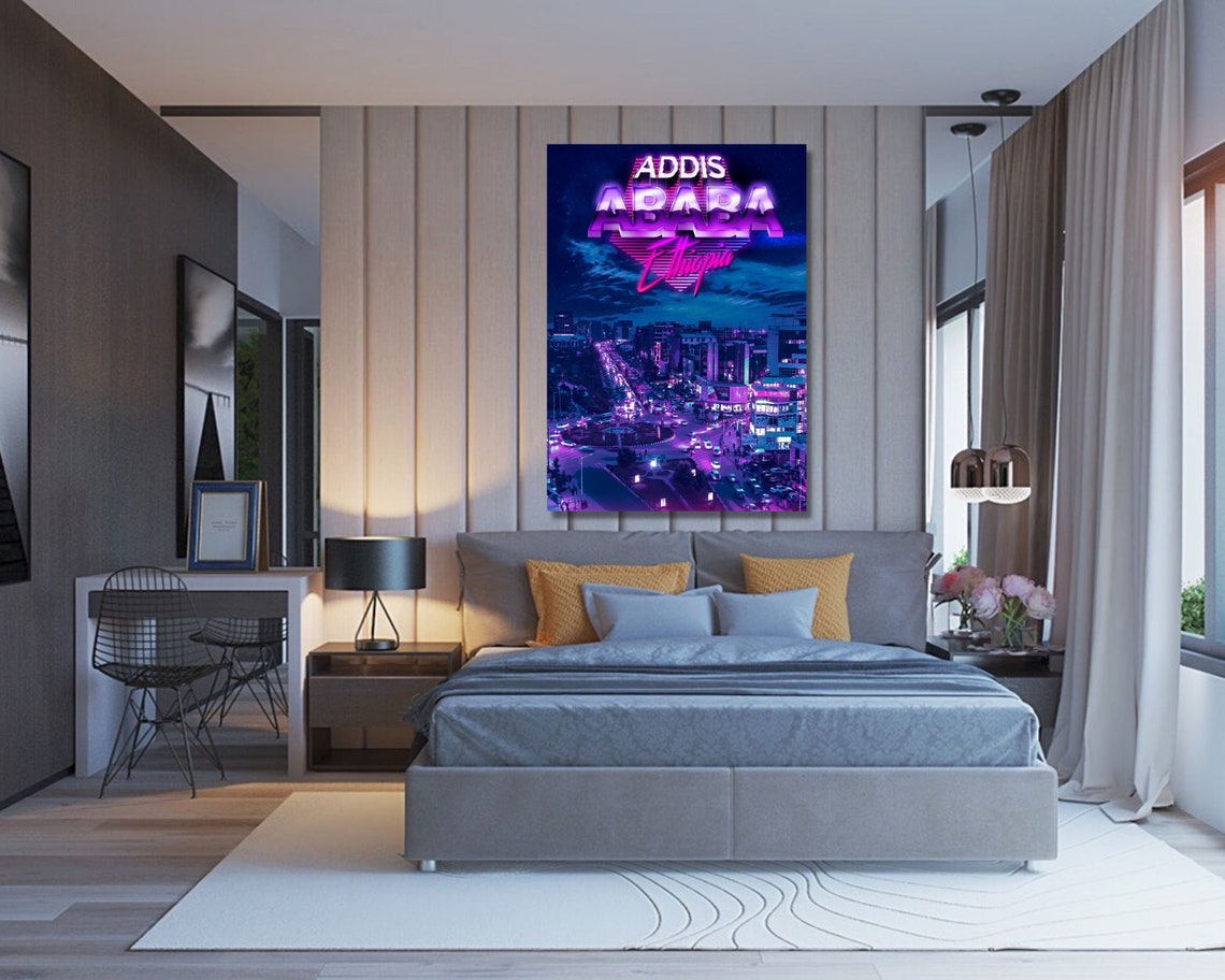 Addis Ababa Ethiopia Neon Night Cityscape Retro Travel Poster - Image 3