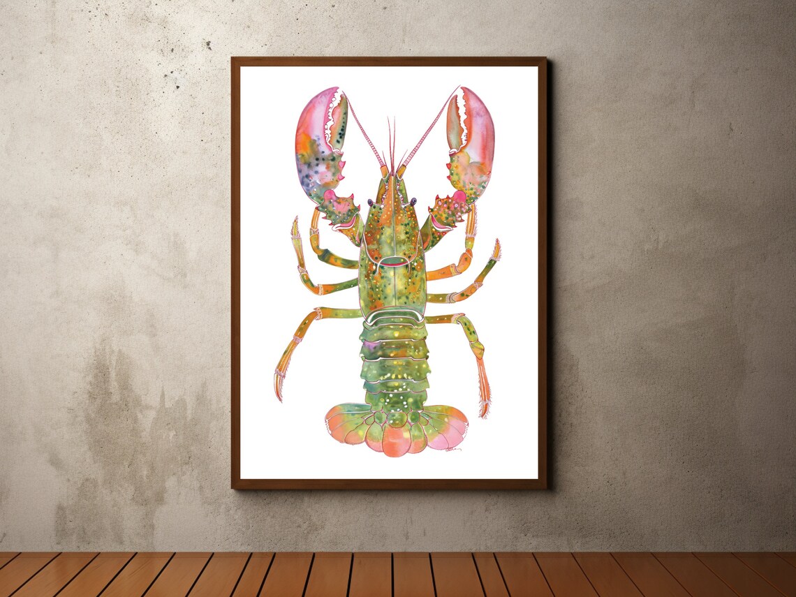 Colorful Watercolor Lobster Coastal Sea Life Nursery Art Poster