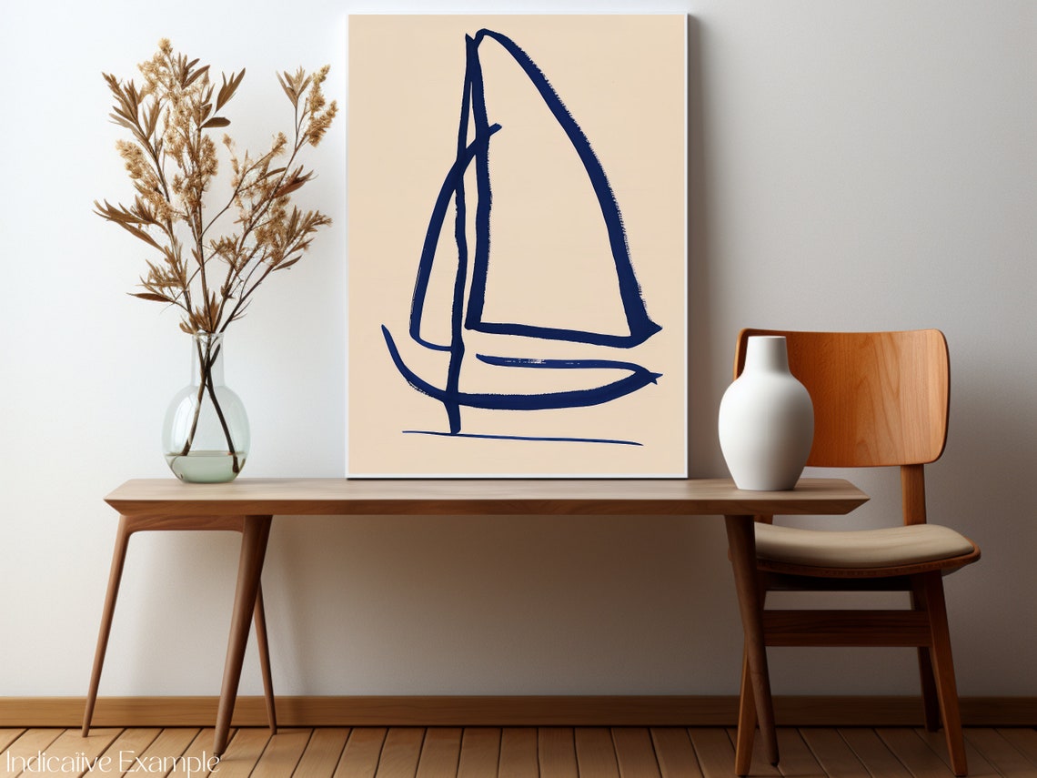 Minimalist Navy Blue Sailboat Sketch Abstract Coastal Wall Art - Image 3