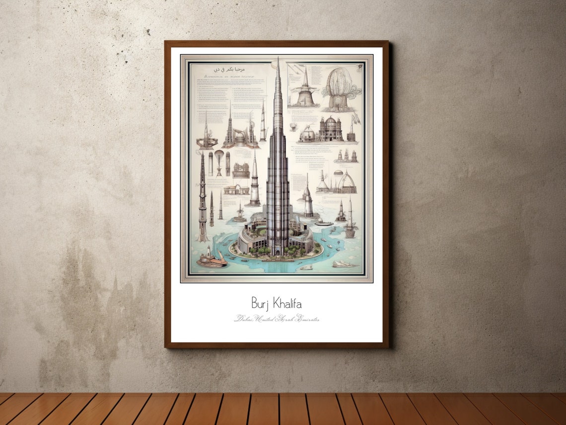 Burj Khalifa Dubai Architectural Sketch Blueprint Style Travel Poster