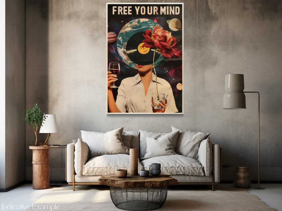 Free Your Mind Retro Vinyl Record Space Collage Wine Glass Poster - Image 3