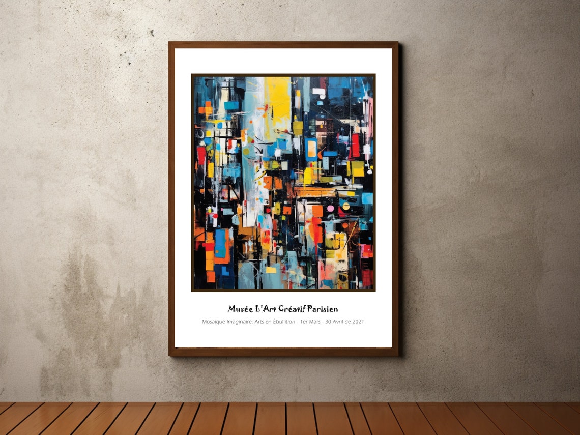 Basquiat Inspired Dark Abstract Cityscape Blue Yellow Poster