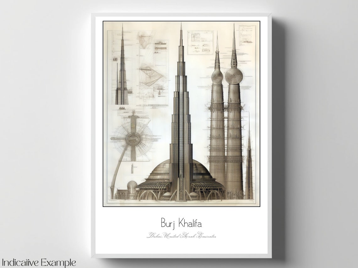 Burj Khalifa Dubai Sepia Blueprint Architectural Drawing Art Poster - Image 4