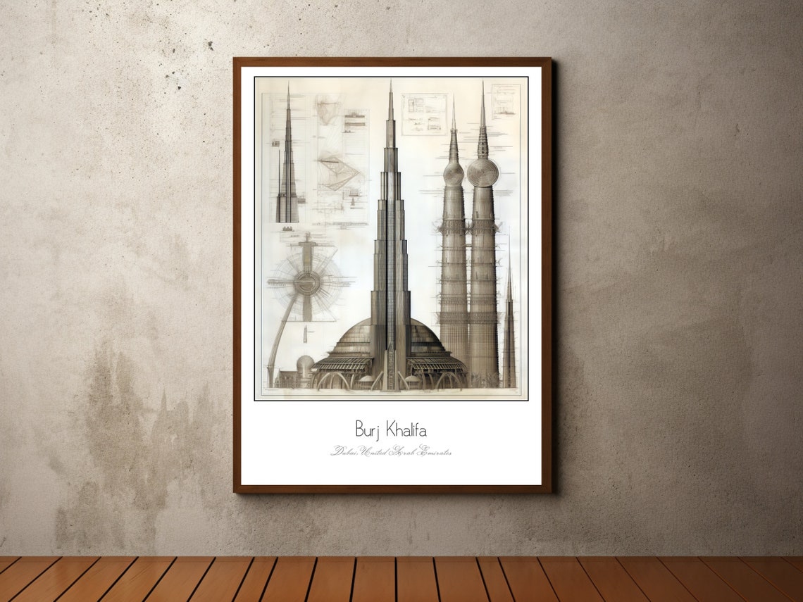 Burj Khalifa Dubai Sepia Blueprint Architectural Drawing Art Poster