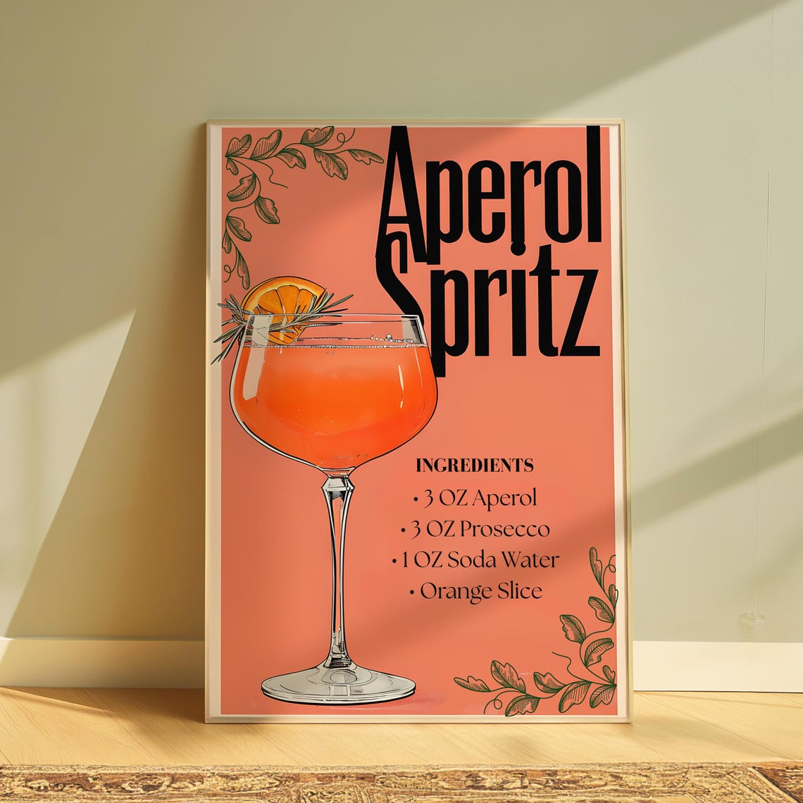Aperol Spritz Recipe Cocktail Orange Drink Bar Cart Kitchen Poster