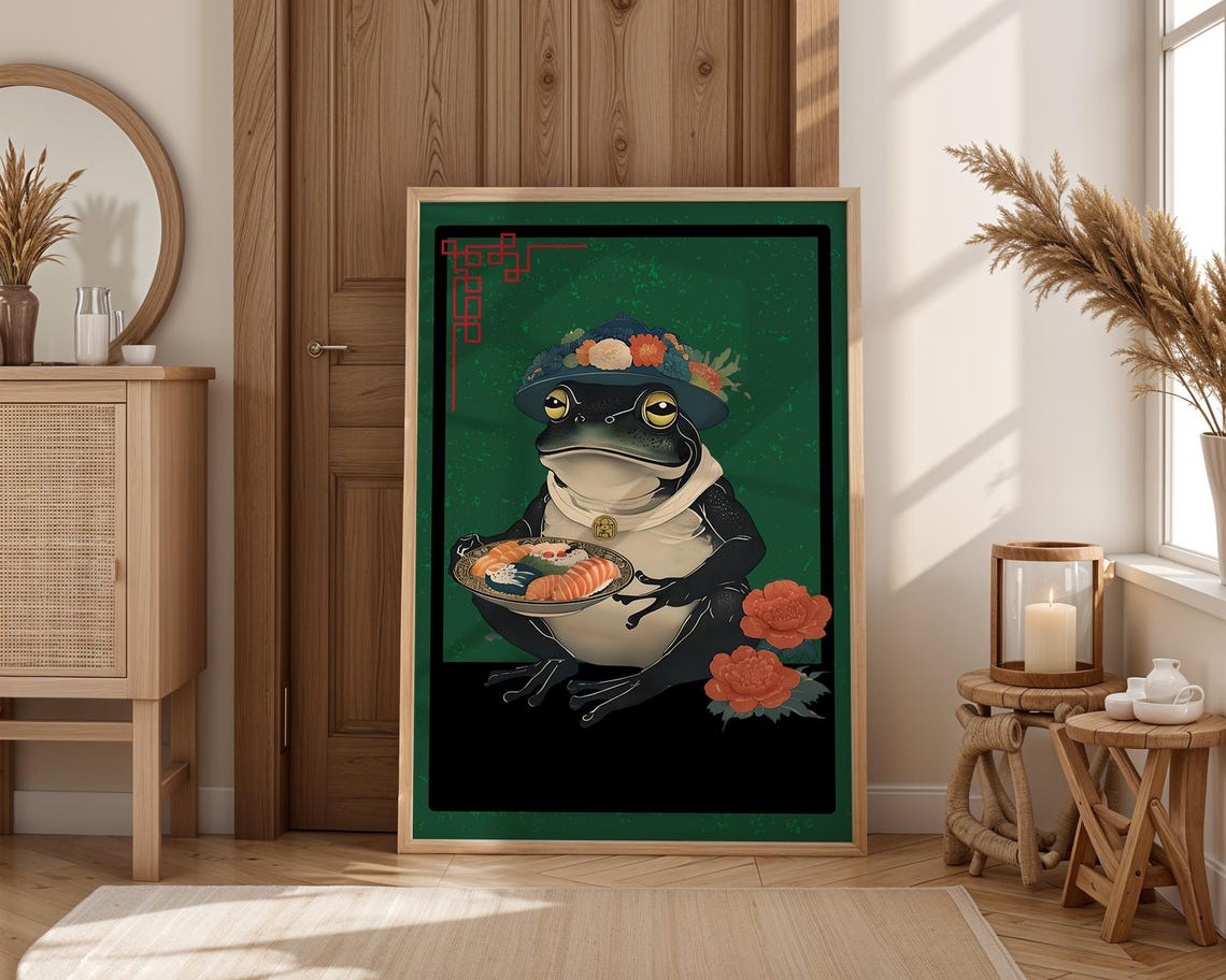 Japanese Frog Sushi Platter Floral Hat Quirky Animal Wall Art