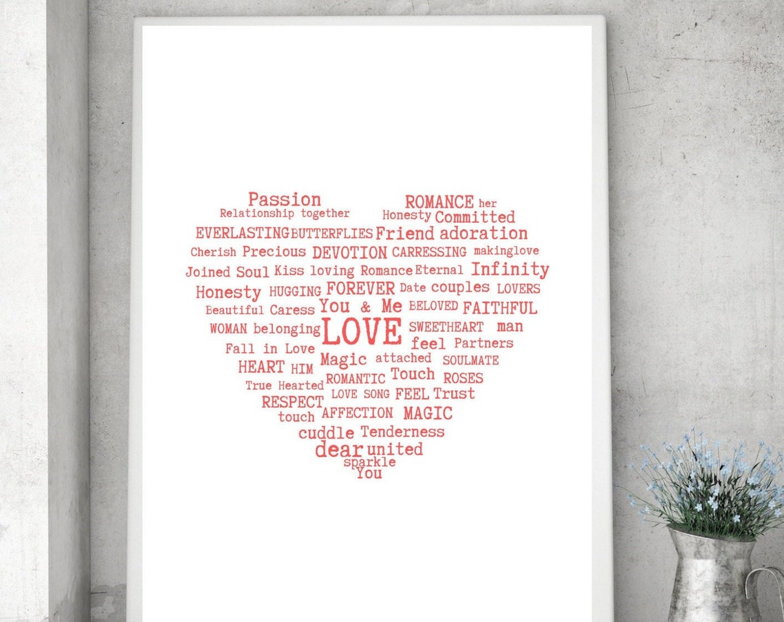 Love Word Cloud Heart Shape With Romantic Words In Red Wall Art