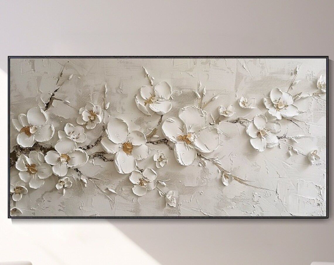 3D Plaster Style White Cherry Blossoms Art Print