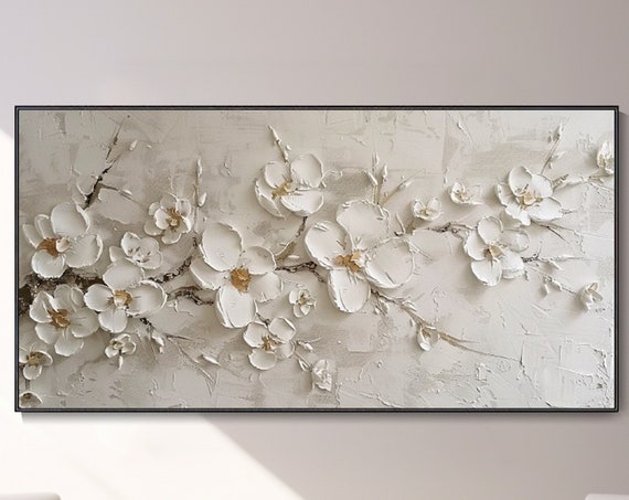 3D Plaster Style White Cherry Blossoms Art Print