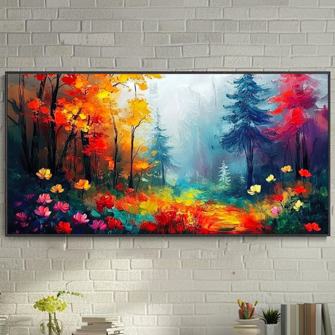 Fantasy Forest Colorful Trees Wildflowers Magical Oil Poster