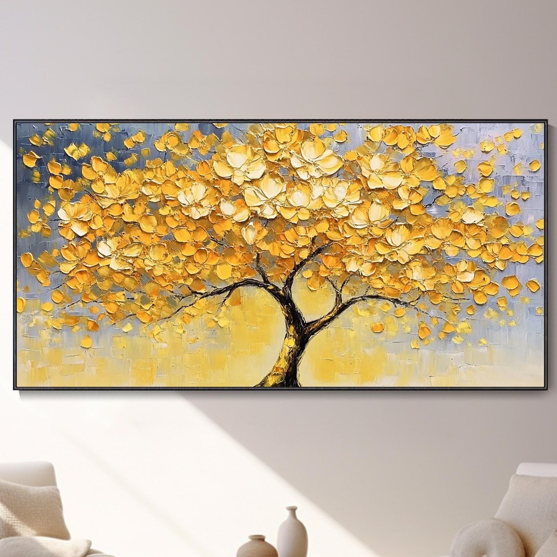 Golden Flower Tree Blossom Thick Texture Panoramic Oil Poster