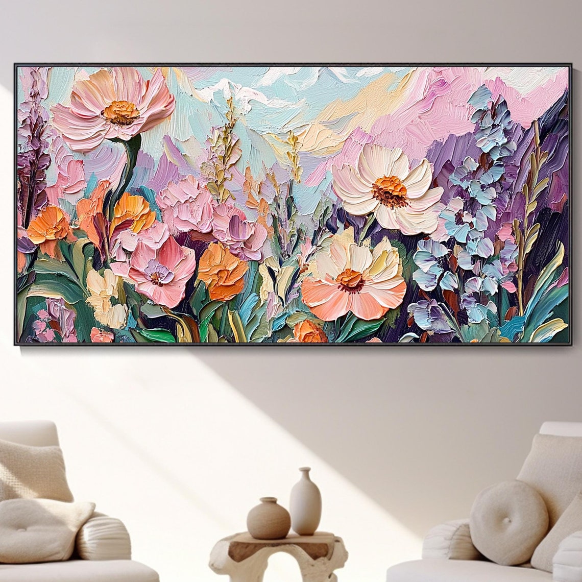 Original Pink Daisy Meadow Landscape Painting Serene Valley Oil Art Abstract Tropical Rainforest Hand Crafted Artwork Soft Colored - Image 5