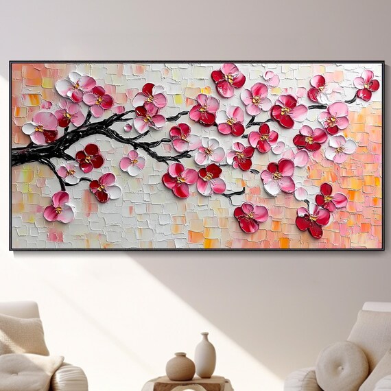 Pink Cherry Blossom Branch Mosaic 3D Textured Floral Art Poster