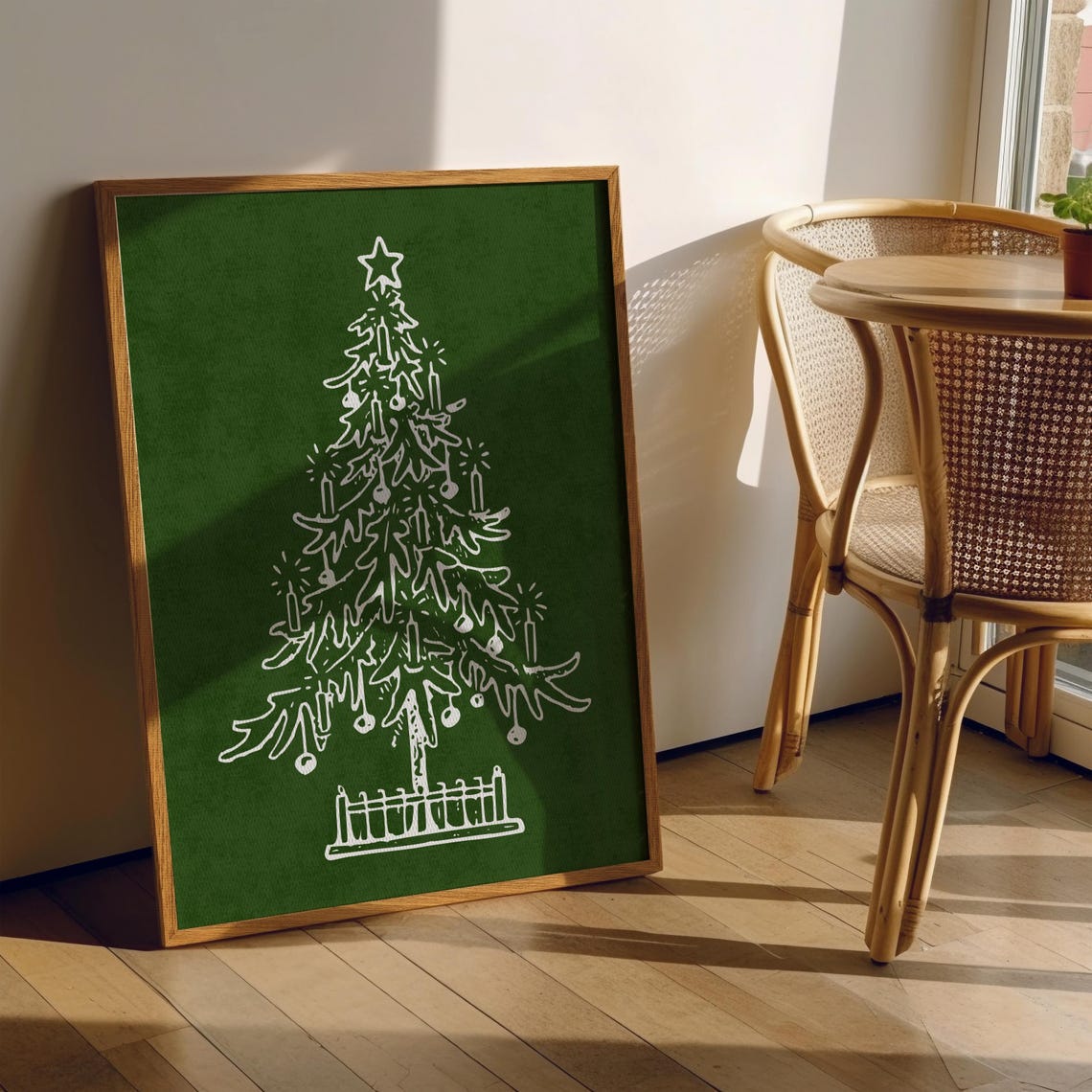 Retro Christmas Tree Green Line Art Minimalist Holiday Sketch Poster - Image 2