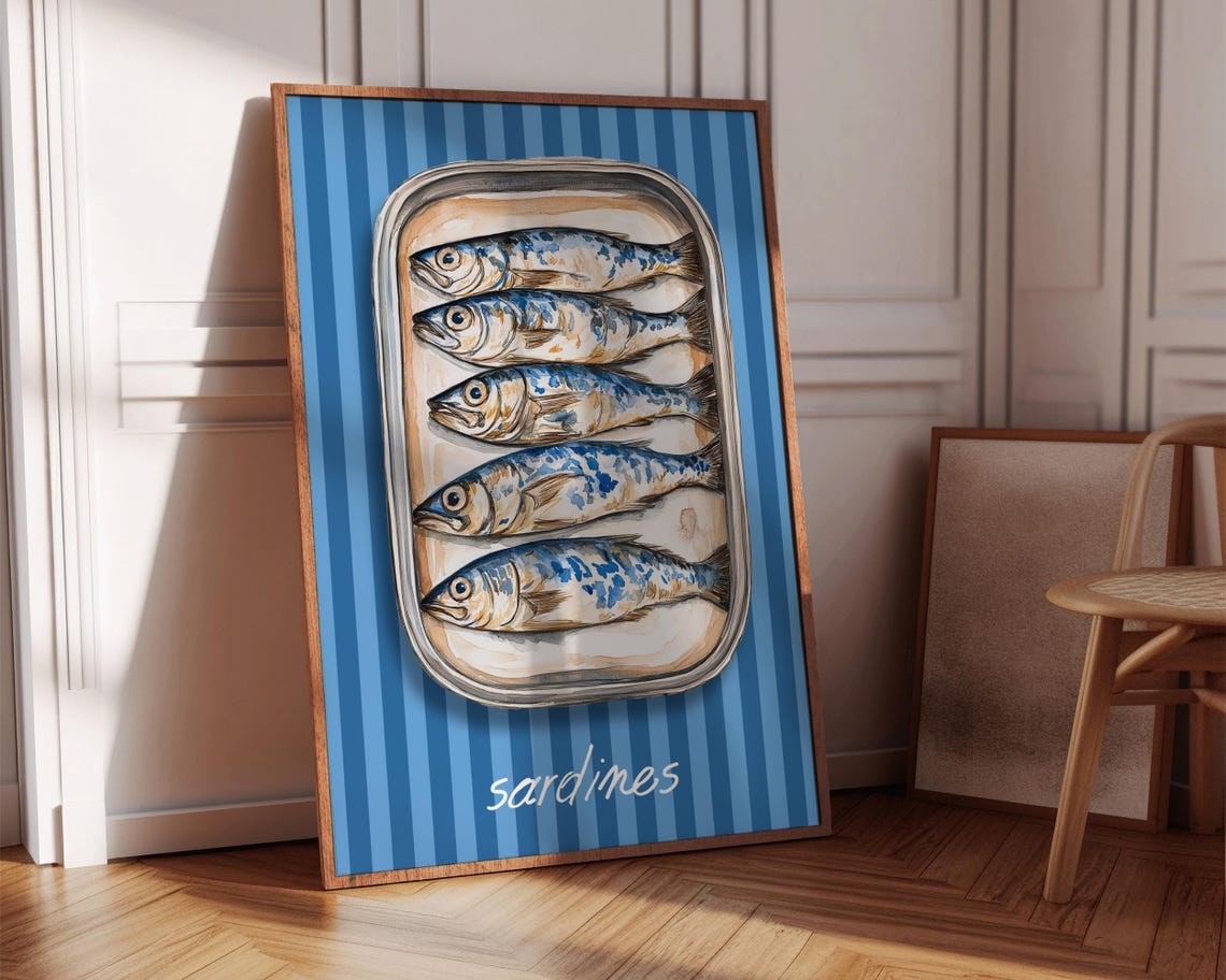 Sardines Tin Blue Striped Background Kitchen Art Illustration Poster - Image 3
