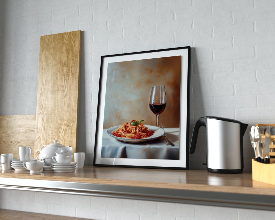 Spaghetti Marinara Red Wine Still Life Oil Painting Kitchen Poster - Image 2