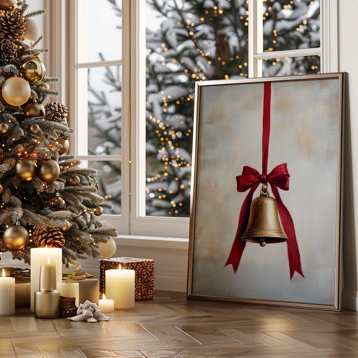 Vintage Christmas Bell With Red Ribbon Moody Holiday Art Poster - Image 3