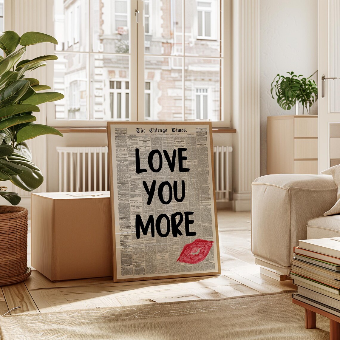 Love You More Vintage Chicago Times Newspaper Red Lips Poster - Image 4