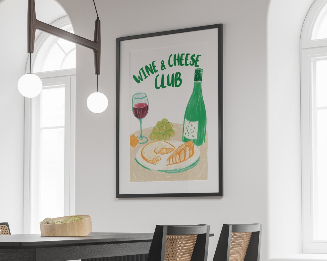 Wine and Cheese Club Green Illustration Kitchen Dining Art Poster - Image 4