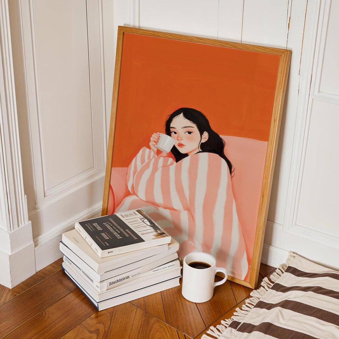 Girl With Coffee, Trendy Orange Abstract People - Image 5