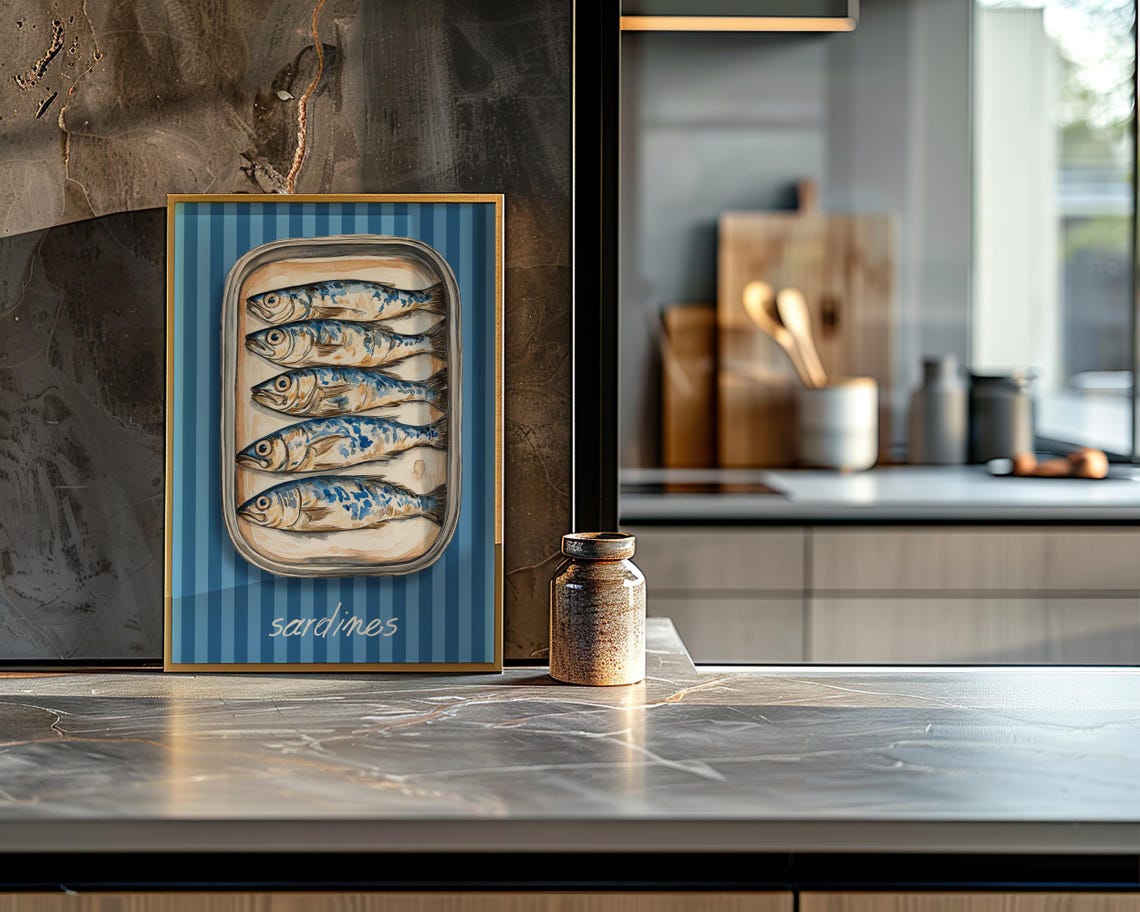 Sardines Tin Blue Striped Background Kitchen Art Illustration Poster - Image 4
