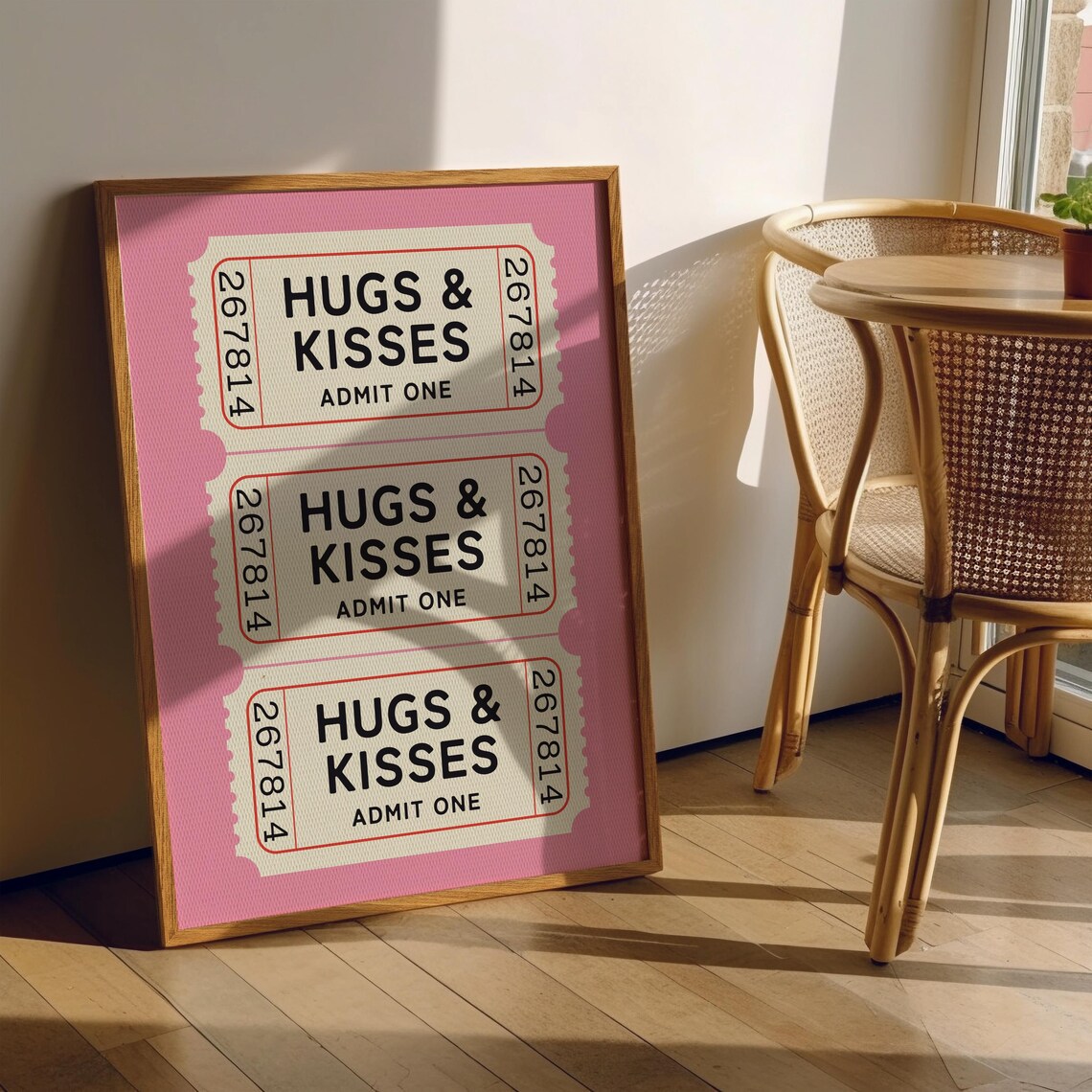 Hugs And Kisses Admit One Pink Ticket Stub Trio Cute Love Poster - Image 3