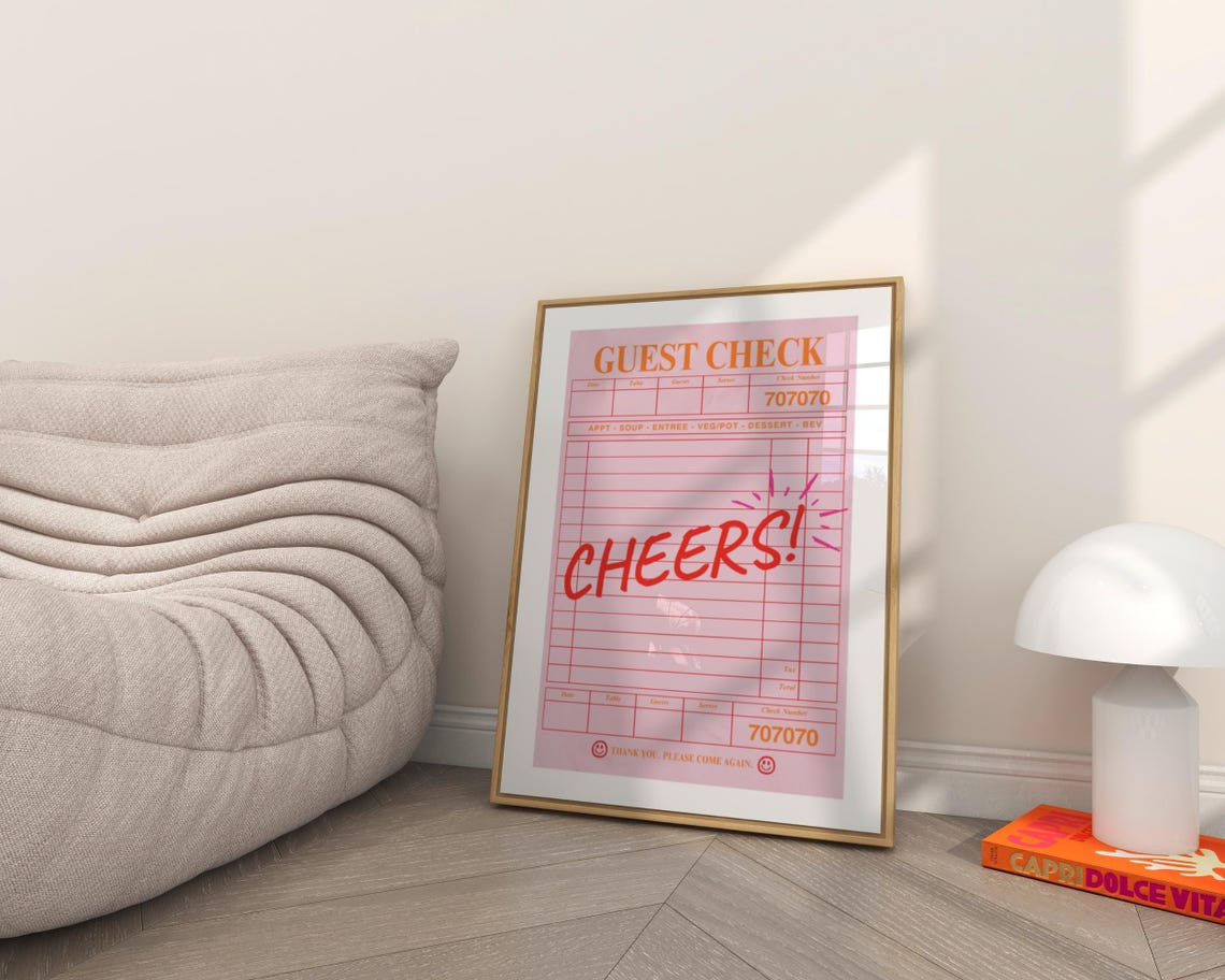 Cheers Guest Check Pink Retro Bar Cart Decor Trendy Party Quote Poster - Image 4